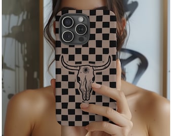 Checkered Western Phone Case Boho Tough Case iphone Cowgirl Accessories Cow Skull Rodeo Outfits Trendy Samsung Pixel Case Teen Gift For Her