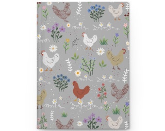 May include: A gray background with a repeating pattern of white, brown, and red chickens and colorful flowers. The chickens are in various poses, some are walking, some are standing, and some are looking to the side. The flowers are in various colors, including pink, purple, blue, and yellow.