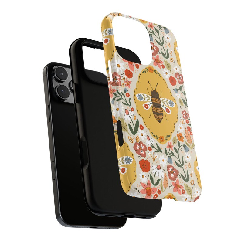 Phone Case, Bee and Flowers Tough Protective Cover, Floral Design, Nature Lover Gift, Hard Shell Smartphone Case, Cute Insect Pattern Spring image 4