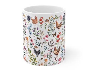 Chicken & Wildflowers Mug Chicken Lover Gift Chicken Gift Chicken Lady Homestead Gift Cute Chicken Gift Chicken Mug Wildflower Mug Farm Gift