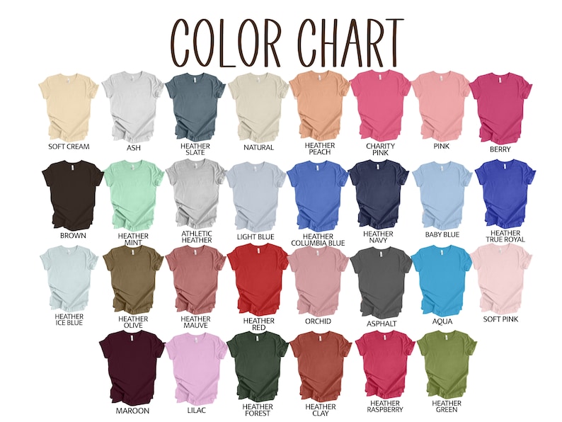 Puede incluir: Carta de colores que muestra 24 colores de camiseta diferentes. Los colores est&aacute;n dispuestos en cuatro filas de seis colores cada una. Los colores incluyen crema suave, ceniza, pizarra jaspeada, natural, melocot&oacute;n jaspeado, rosa caridad, rosa, baya, marr&oacute;n, menta jaspeada, jaspeado atl&eacute;tico, azul claro, azul columbia jaspeado, azul marino jaspeado, azul beb&eacute;, azul verdadero real jaspeado, azul hielo jaspeado, oliva jaspeado, malva jaspeado, rojo jaspeado, orqu&iacute;dea, asfalto, aguamarina, rosa suave, granate, lila, bosque jaspeado, arcilla jaspeado, frambuesa jaspeado y verde jaspeado.
