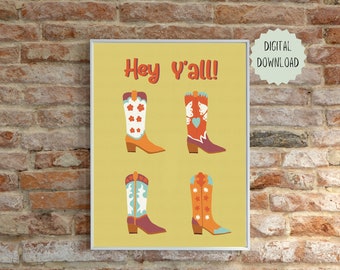 Cowgirl Boot Print | Western Wall Art | Digital Download Retro Cowgirl Print | Fun Colorful Cowboy Boot Print | Orange Pink Wall Art