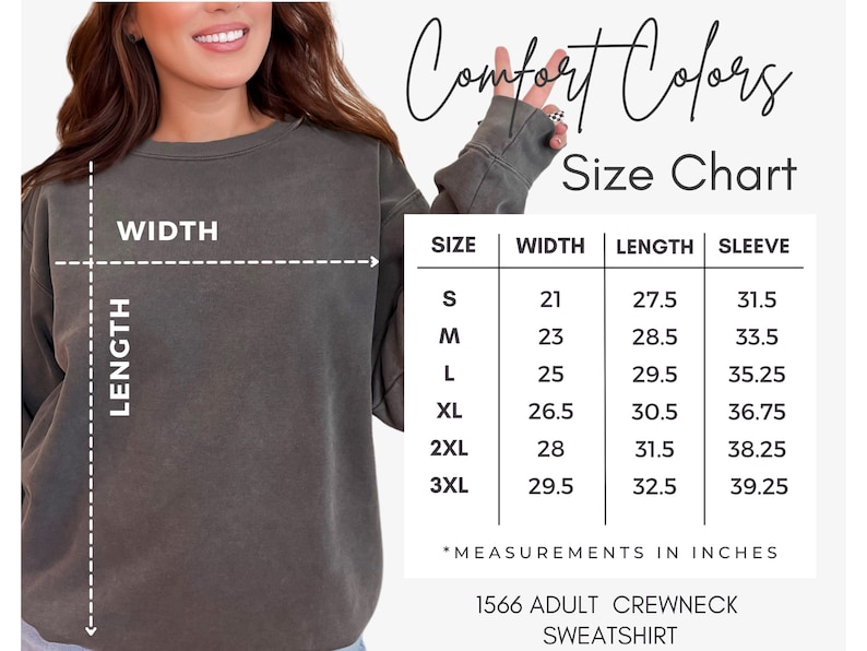 Op de afbeelding: Maattabel voor een Comfort Colors crewneck sweatshirt. De tabel toont de afmetingen in inches voor breedte, lengte en mouwlengte voor maten S tot en met 3XL.