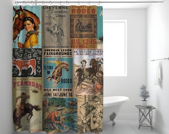 Western Shower Curtain Vintage Shower Curtain Western Poster Art Retro Western Decor Ranch Decor Farm House Decor Vintage Style Bathroom