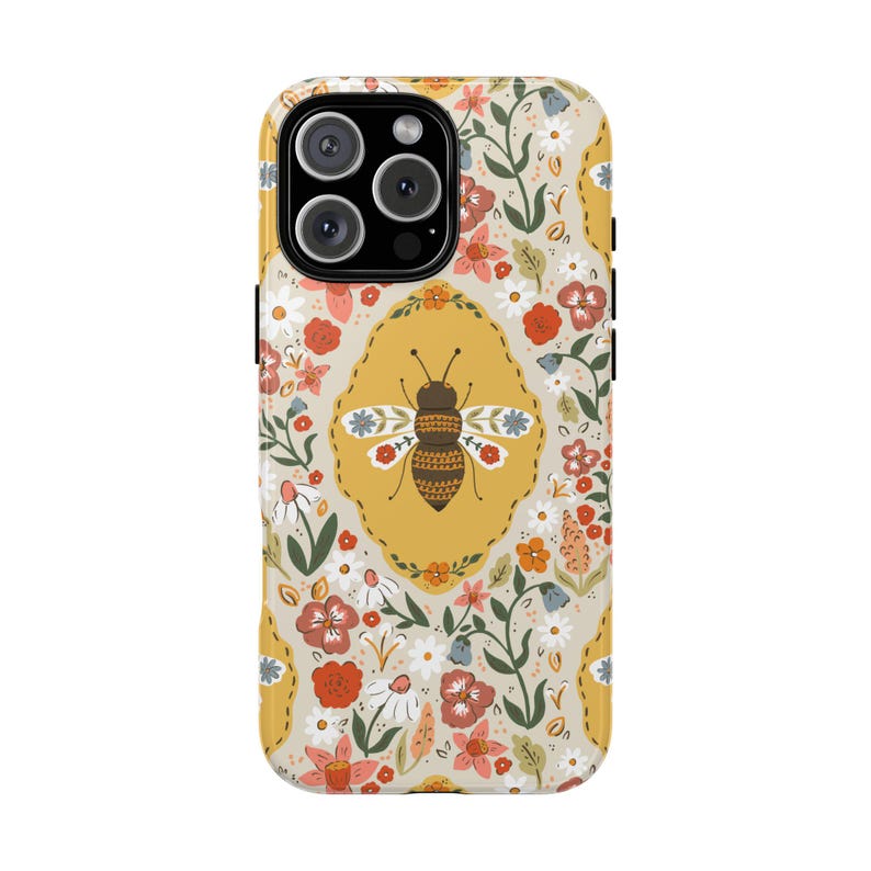 Phone Case, Bee and Flowers Tough Protective Cover, Floral Design, Nature Lover Gift, Hard Shell Smartphone Case, Cute Insect Pattern Spring image 2