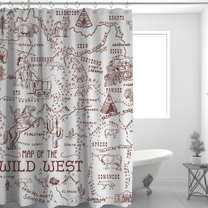 May include: A white shower curtain with a brown map of the Wild West. The map features various landmarks, towns, and trails, including the Oregon Trail, the Pony Express, and the Santa Fe Trail. The map also includes illustrations of cowboys, Native American teepees, and a train.