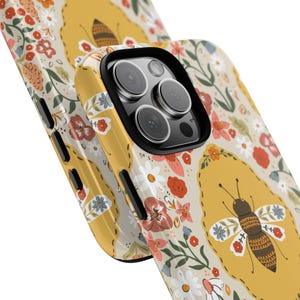 Phone Case, Bee and Flowers Tough Protective Cover, Floral Design, Nature Lover Gift, Hard Shell Smartphone Case, Cute Insect Pattern Spring image 3