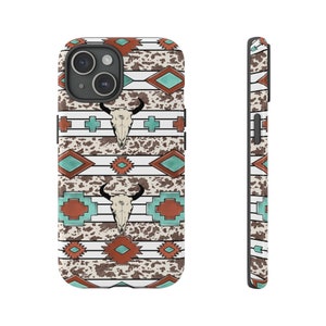 Western Boho Phone Case Western Gift For Cowgirl Texas Bull Skull Cow Print iPhone 15 Case Tought Phone Case Rodeo Cow Lover Southwestern