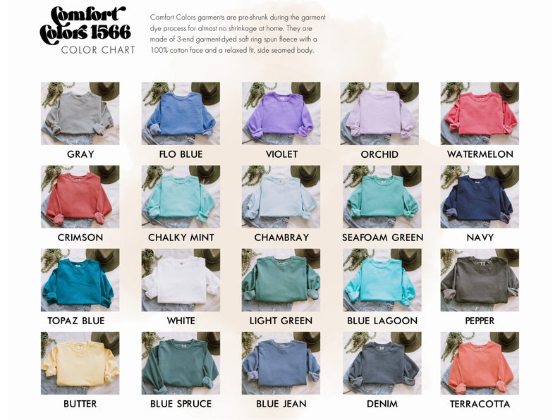 Op de afbeelding: Kleurenkaart met 18 verschillende kleuren Comfort Colors 1566 sweatshirts. De kleuren omvatten grijs, flo blauw, violet, orchidee, watermeloen, karmijnrood, krijtwitte munt, Chambray, zeegroen, marineblauw, topaasblauw, wit, lichtgroen, blauwe lagune, peper, boter, blauwe spar, jeansblauw, denim en terracotta.