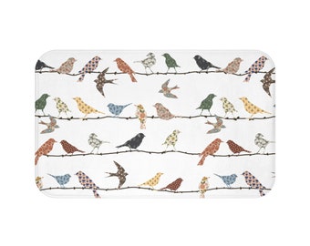Alfombra de baño de pájaros en un alambre, decoración moderna de granja, amante de la naturaleza, alfombra de baño de campo, regalo para amantes de las aves, decoración estética bohemia para el hogar, cabaña