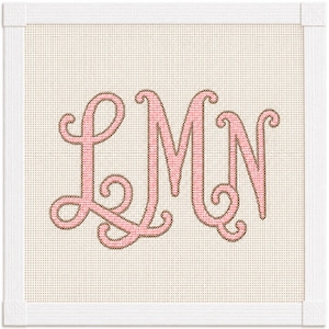 May include: A square needlepoint canvas featuring a decorative monogram with the letters L, M, and N in a light pink color with a dark brown outline. The letters are rendered in a cursive script style and are centered on a cream-colored grid.