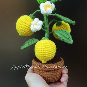 Può includere: Un albero di limone all'uncinetto con limoni gialli e fiori bianchi in un vaso marrone. L'albero è tenuto nella mano di una persona. Il testo "AppleMama Handmade" è visibile nell'immagine.