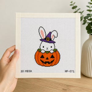 Könnte beinhalten: Ein quadratisches Stickbild auf Stramin mit einem weißen Hasen, der einen violetten Hexenhut mit gelbem Band trägt und in einem orangefarbenen Kürbis sitzt. Der Stramin hat weiße Ränder und den schwarzen Aufdruck 13 MESH und HP-071.