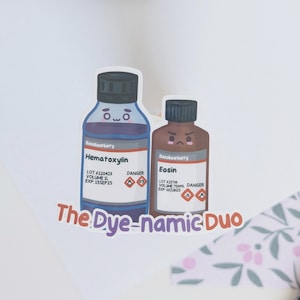 May include: Two cartoon bottles of dye, one blue and one brown, with cute faces. The blue bottle is labelled "Hematoxylin" and the brown bottle is labelled "Eosin". Both bottles have warning labels and the text "The Dye-namic Duo" is below them.