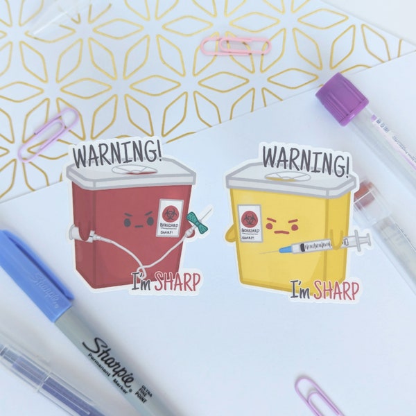 Warning I'm Sharp! Biohazard Container Vinyl Sticker- blood/med lab/laboratory/science/hospital/healthcare/lab gifts/notebook