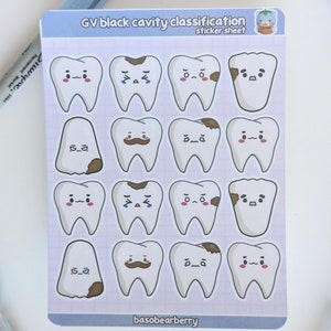 Hoja de calcomanías de clasificación de caries GV (negro) - dientes lindos/dentista/caries/higiene dental/ciencia/hospital/salud/regalos para dentistas/cuaderno