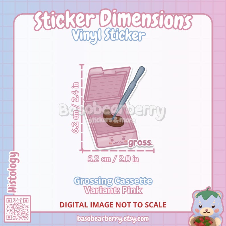 Peut inclure: Autocollant en vinyle rose d'une cassette de grossissement de dessin anim&eacute; avec une pince &agrave; &eacute;piler tenant un &eacute;chantillon de tissu brun. L'autocollant mesure 6,2 cm sur 5,2 cm. Le texte "gross." est &eacute;crit sur l'autocollant.