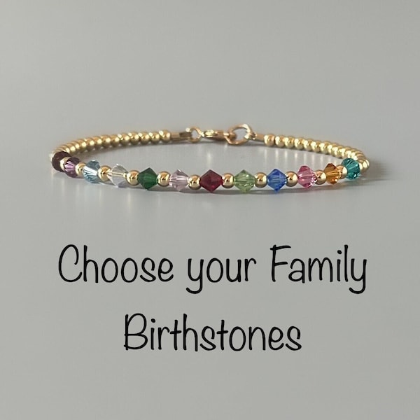 Custom Family Bracelet Swarovski Crystal Birthstone Bracelet Personalized Birthstone Bracelet Gold Bead Mom Christmas Gift Birthday Grandma