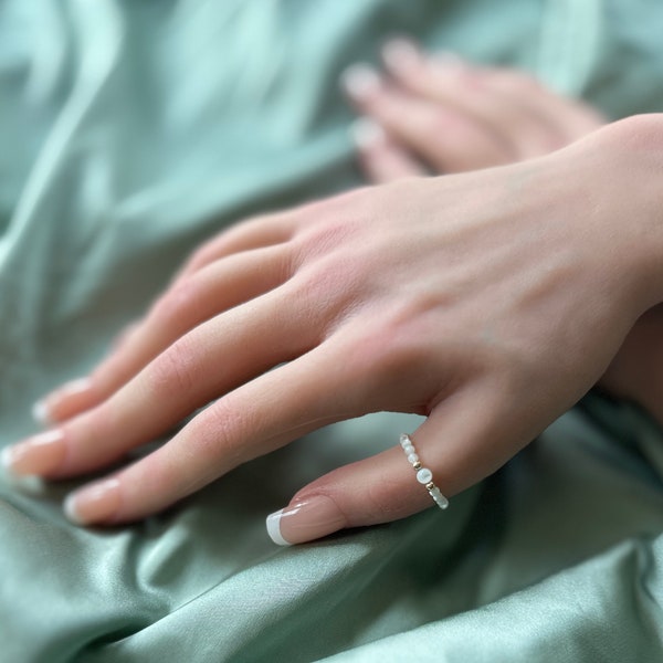 Tiny Mother of Pearl  Stretch Ring Dainty MOP Beaded Genuine Gemstone Boho Ring Minimalist June Birthstone Birthday Gift Mom Bride Friend