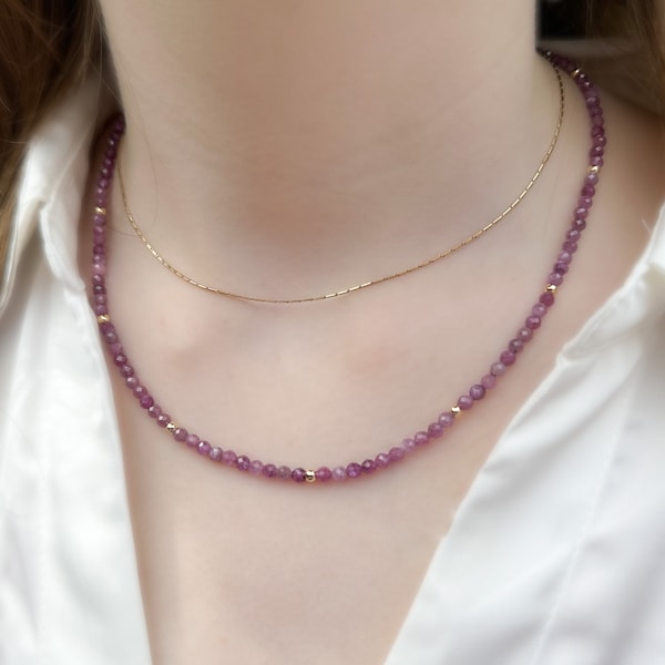Rare AAA Cat's Eye Ruby Beaded Necklace Dainty Skinny Purple Pink Gemstone Layered boho 14k gold filled Minimalist Jewelry Gift for Women
