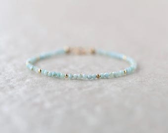 Tiny Larimar Bracelet Dainty Gemstone Beaded Bracelet Minimalist Light Blue Stacking Crystal Jewelry Birthday Gift for Wife Mom Bridesmaid
