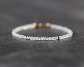Tiny Rainbow Moonstone Bracelet Dainty Gemstone Beaded Bracelet Minimalist June Birthstone Sparkly Jewelry Gift for Women Bridesmaid Wife