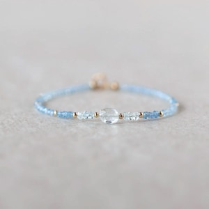Tiny Aquamarine Bracelet Dainty Gold Filled Gemstone Beaded Bracelet Blue Crystal Jewelry Minimalist March Birthstone Bridesmaid Gift Idea