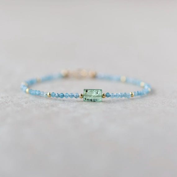 Tiny Kyanite Bracelet Dainty Green Paraiba Kyanite Gemstone Beaded Bracelet Minimalist Jewelry Crystal Birthday Gift for Women Daughter
