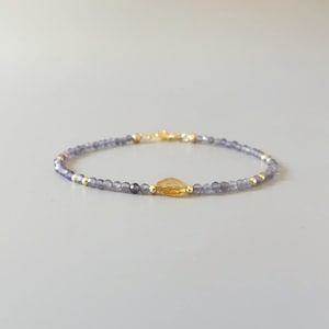 Tiny Iolite Bracelet Dainty Citrine Gemstone Beaded Bracelet Blue Crystal Jewelry Minimalist November Birthstone Birthday Gift for Women