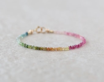 Dainty Watermelon Tourmaline Bracelet Ombre Gemstone Beaded Colorful Crystal Jewelry October Birthstone Rainbow Bracelet Birthday Gift