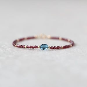 Tiny Garnet Bracelet Dainty London Blue Topaz Gemstone Beaded Bracelet Crystal Minimalist Jewelry January Birthstone December Gift for Women