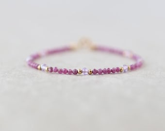Tiny Ruby Bracelet Dainty Amethyst Gold Filled Bead Bracelet Silver Stacking Thin Birthstone Jewelry July Birthday Gift for Women Bridesmaid