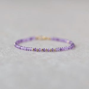 May include: Delicate amethyst bead bracelet with gold accents. The bracelet features small, round, purple amethyst beads strung together with gold-colored beads. The jewelry is set against a soft, neutral background.