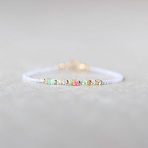Tiny Opal Bracelet Dainty Gemstone Beaded Jewelry Minimalist Pastel Opal Stacking Bracelet Skinny October Birthstone Gift Bridesmaid
