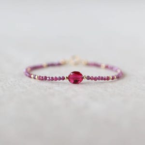 Tiny Ruby Bracelet Dainty Beaded Bracelet Pink Crystal Jewelry Minimalist July Birthstone Birthday Gift for Women Bridesmaid Gift Idea