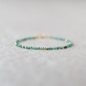 Tiny Emerald Bracelet Dainty Gemstone Beaded Jewelry Green Crystal Bracelet Minimalist May Birthstone Birthday Gift 20th Anniversary Wife