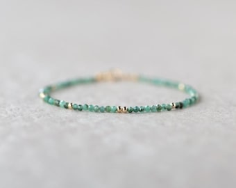 Tiny Emerald Bracelet Dainty Gemstone Beaded Jewelry Green Crystal Bracelet Minimalist May Birthstone Birthday Gift 20th Anniversary Wife