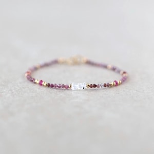 Tiny Ruby Bracelet Dainty Herkimer Diamond Gold Filled Bead Bracelet Silver Stacking Thin Birthstone Jewelry July Birthday Gift for Women