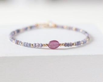 Lavender Sapphire Bracelet Dainty Pink Gemstone Beaded Bracelet Crystal Minimalist Jewelry September Birthstone Gift for Women Wife Daughter