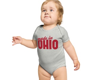 May include: A grey baby onesie with red text that reads "made in OHIO".