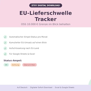 Op de afbeelding: Een digitale download-tracker getiteld EU-Lieferschwelle Tracker met de ondertitel OSS 10.000 € Grenze im Blick behalten. Het bevat een lijst met voordelen met vinkjes en een statusindicatorsectie met de labels OK, Achtung en Überschritten.