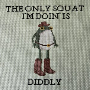 May include: Cross-stitch art featuring a green frog wearing a cowboy hat and boots, with the text "THE ONLY SQUAT I'M DOIN' IS DIDDLY" in black. The frog has a white belly and a brown belt. The background is a light green fabric.