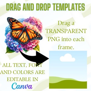Puede incluir: Una plantilla digital para crear un dise&ntilde;o con una mariposa y flores. El texto dice "Drag and Drop Templates" y "Drag a TRANSPARENT PNG into each frame." El texto tambi&eacute;n dice "ALL TEXT, FONT AND COLORS ARE EDITABLE IN Canva".