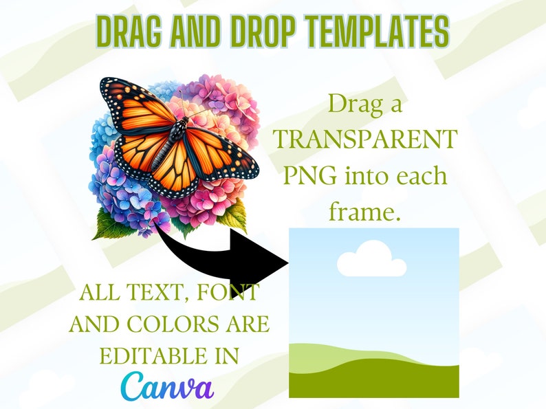 Puede incluir: Una plantilla digital para crear un dise&ntilde;o con una mariposa y flores. El texto dice "Drag and Drop Templates" y "Drag a TRANSPARENT PNG into each frame." El texto tambi&eacute;n dice "ALL TEXT, FONT AND COLORS ARE EDITABLE IN Canva".