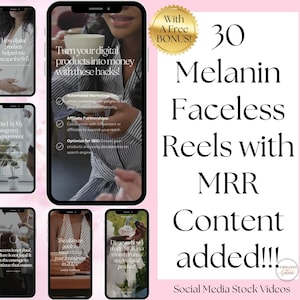 May include: A collage of six phone screens with different marketing tips for digital products. The text on the screens includes "Turn your digital products into money with these hacks!" and "How I 4x My Instagram Engagement". The image also includes the text "30 Melanin Faceless Reels with MRR Content added!!!" and "Social Media Stock Videos".