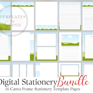 May include: A digital stationery bundle with 16 Canva frame template pages. The pages feature a blue sky with white clouds and green hills. The text "TEMPLATES to Success" is in a circle at the top of the image. The text "Digital Stationery Bundle" is at the bottom of the image. The text "16 Canva Frame Stationery Template Pages" is below the text "Digital Stationery Bundle".