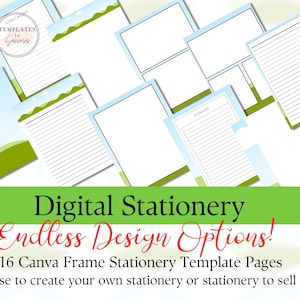 Puede incluir: Plantillas de papelería digital con un tema de naturaleza verde y azul. El texto "Digital Stationery Endless Design Options!" se muestra en una pancarta verde. El texto "16 Canva Frame Stationery Template Pages" se muestra debajo de la pancarta. El texto "Use to create your own stationery or stationery to sell" se muestra debajo de las páginas de plantillas.