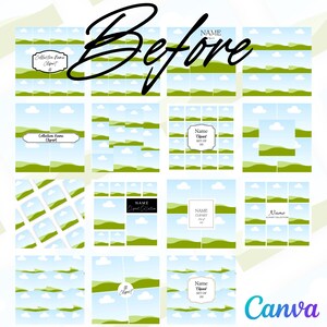 Puede incluir: Un conjunto de 18 im&aacute;genes de clipart digitales que presentan un cielo azul con nubes blancas y colinas verdes. Las im&aacute;genes est&aacute;n dispuestas en una cuadr&iacute;cula y incluyen el texto "Name Cloud Clipart Set of 18".