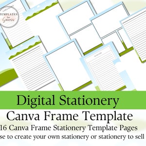 Puede incluir: Plantilla de marco Canva de papelería digital con 16 páginas. Las páginas tienen un borde azul y verde con un diseño de paisaje. Algunas páginas tienen líneas, listas de verificación y el texto "Templates to Success".