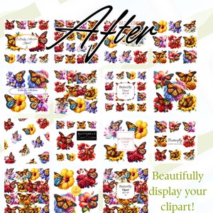 Puede incluir: Un conjunto de 12 im&aacute;genes de clipart digital que presentan mariposas y flores coloridas. Las mariposas est&aacute;n en varias poses y las flores est&aacute;n en flor. Las im&aacute;genes son perfectas para agregar un toque de fantas&iacute;a a tus dise&ntilde;os.